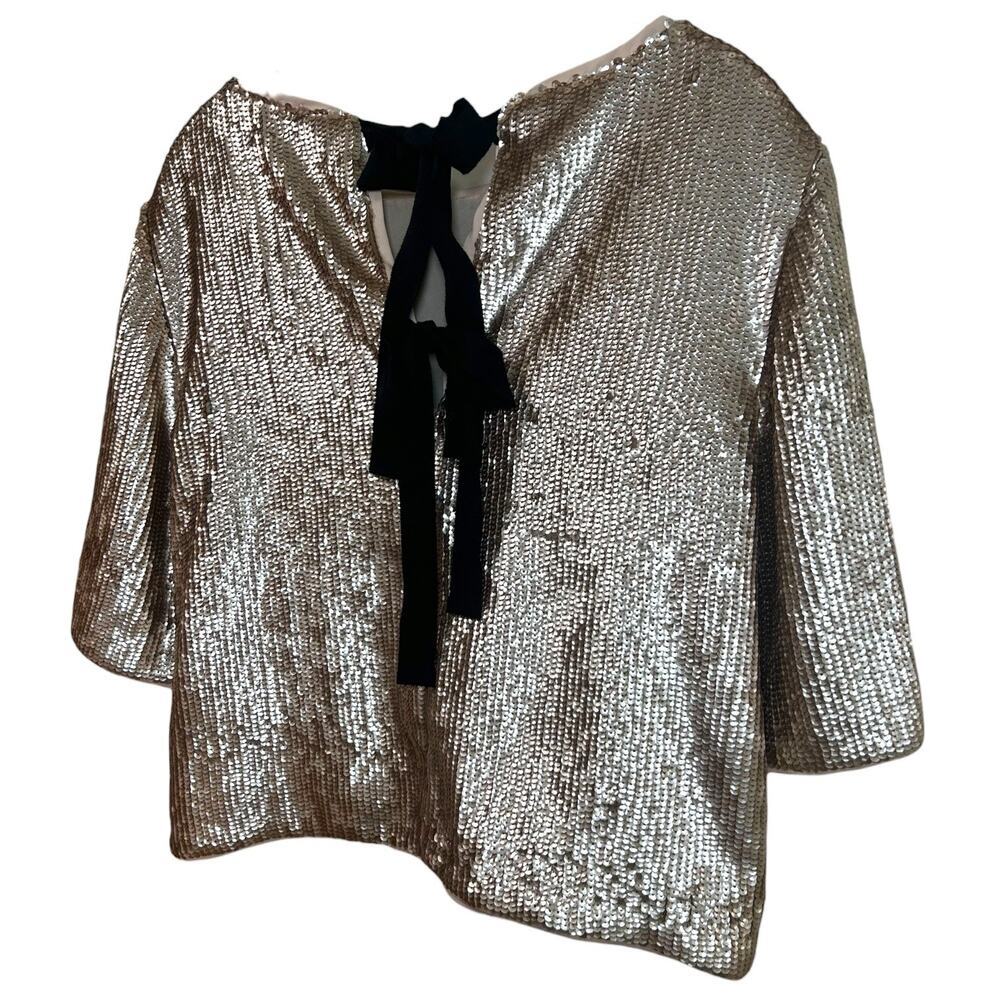 J. Crew - Women's Rose Gold Sequin Crop Top, Back Bow Ties - Gold, Black, Size 8 - Picture 12 of 13